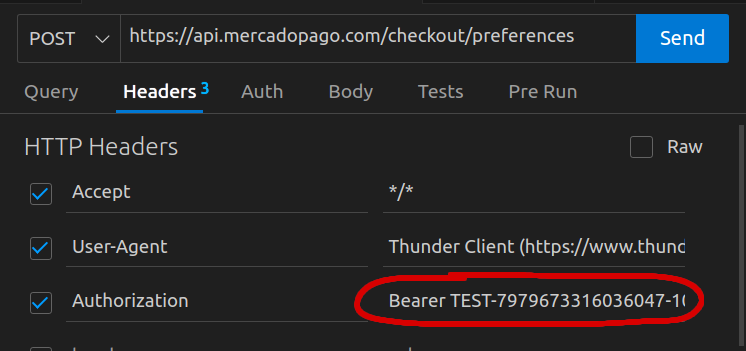 Petición POST a la API de Mercado Pago con el Access Token en el header Authorization